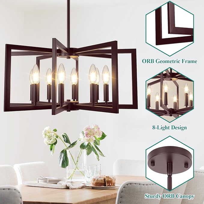 8-Light Oil-Rubbed Bronze Chandelier, Farmhouse Dining Room Light Fixture, Modern Chandelier, Geometric Industrial Metal Hang Lighting Fixture for Foyer Entryway Kitchen Over Table Hallway Living Room