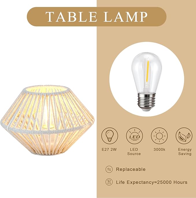 TRIROCKS Woven Cotton Rope Table Lamp Set of 2, 5" Cordless Battery Operated Desk Lamp, Boho Wireless LED Lamps for Indoor/Outdoor Bedroom Living Room Weddings Parties Patio Events
