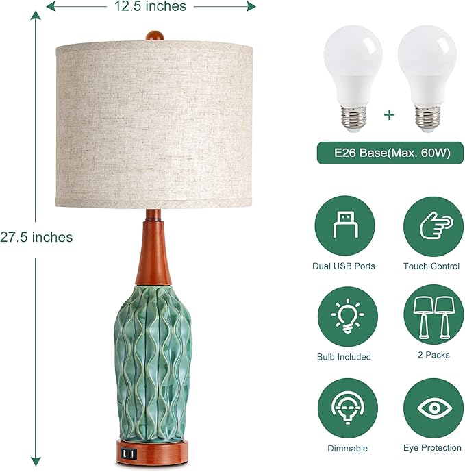 Vintage Table Lamps for Living Room Set of 2, Retro Bedside Lamp for Bedroom with USB Port, MCM Teal Ceramic 3-Way Dimmable Nightstand Lamp with Oatmeal Linen Shade (Bulb Included)