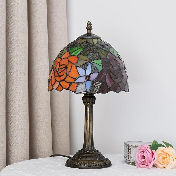 Tiffany Lamp - Rose Flower Stained Glass Table Lamp 8x8x14 Inches - Rose Flower Style Desk Reading Light - Bedroom & Living Room Decor