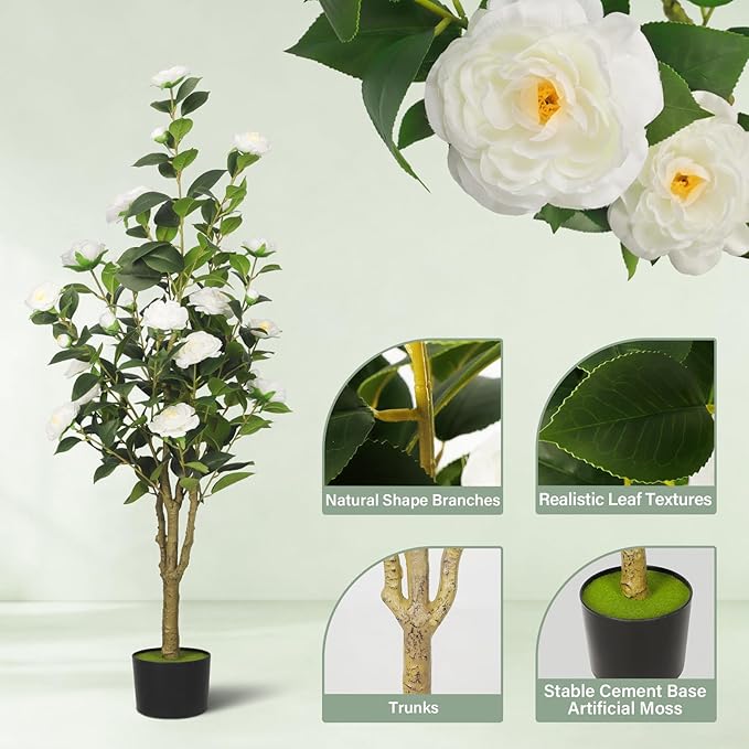 2-Pack 4FT Artificial Camellia Tree,Realistic Fake Potted Plants with Flowers&Planters,Indoor/Outdoor Faux Flowering Trees for Home,Office,Porch,Wedding,and Housewarming Gift Decor,White