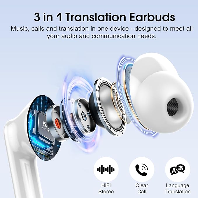Ai Translation Earbuds Real Time, Simultaneous Interpretation Translator Earbuds with 6 Translation Modes/164 Languages, No Subscription Translatior Headphones, Light Gray