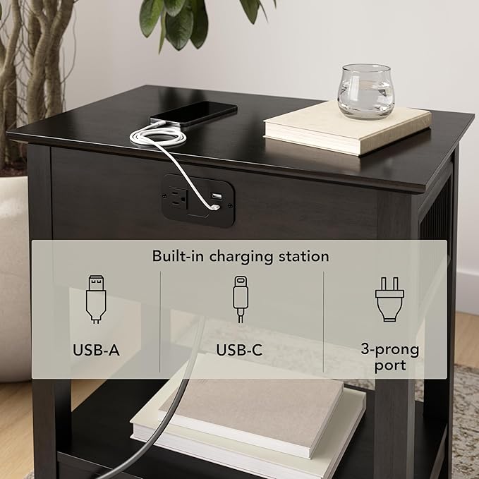 Bush Home Fluted Nightstand with Drawer, Bedroom Furniture, Camille Collection, Onyx Birch Black
