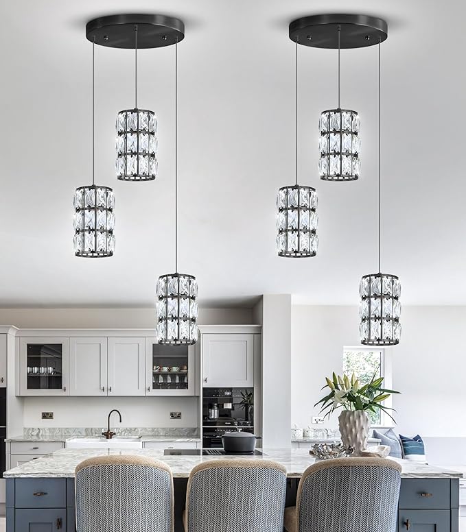 3-Lights Modern Crystal Pendant Lights for Kitchen Island LED Dimmable Glam Pendant Lighting Chandelier for Dining Room Hallway Corner Lamp Black