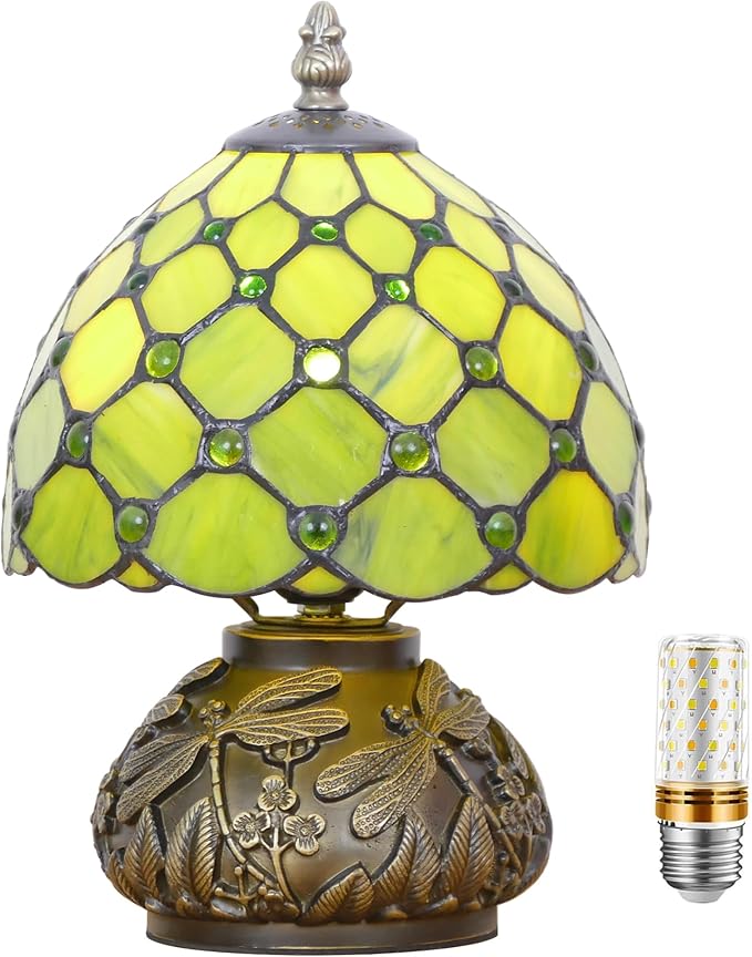 Small Tiffany Lamp Mini Stained Glass Table Lamp Green Yellow Pearl Style Mushroom Accent Lamp 8X11 Inch