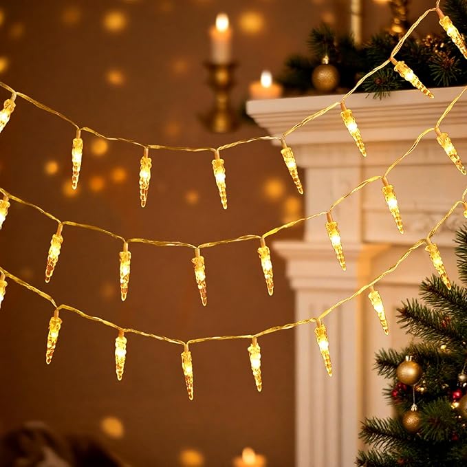 Christmas Icicle Light，19.6ft 40 LED Warm White Icicle String Lights Indoor, Hanging Icicle Christmas Lights for Eave Holiday Garden Indoor Outdoor Xmas Decorations