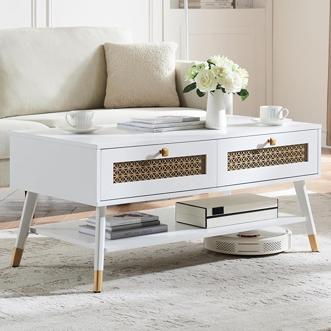 White Coffee Table with Storage Drawers & Open Shelf, Mid Century & Boho Living Room Table with Gold Metal Designed for Home