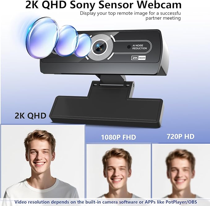 2K Webcam for PC - 2K Ultra HD Computer Camera with PDAF Autofocus, AI Noise-Canceling Mic, USB Plug & Play, 92° FOV & Auto Lighting Correction for Laptop & Desktop (Social Streaming Video Call)