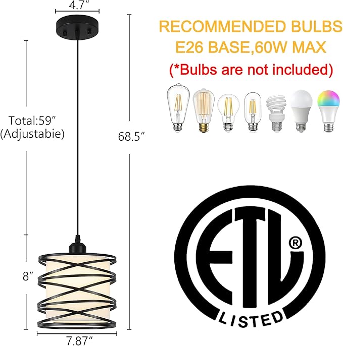 Farmhouse Pendant Island Light Fixtures, Metal Hanging Light Fixtures with Fabirc Lighting for Dining Room Bedroom Bar Office, Industrial Black, 1 Pack - ETL Certified