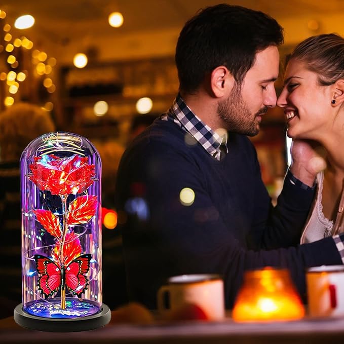 Christmas Flowers Gifts for her Women Mom Wife,Womens Gifts for Christmas, Rose Flowers Gift Light Up Rose in Glass Dome,Birthday Gifts for Woman（Red）