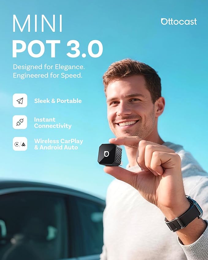 OTTOCAST Mini 3.0 Black 2-in-1 Wireless CarPlay & Android Auto Adapter – Plug & Play for iPhone/Android, Dual-Phone Memory, Dual-Band WiFi (2.4/5GHz), Auto-Reconnect