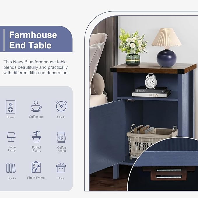 Catrimown Farmhouse Nightstand Set of 2 with Barn Door and Shelf, Side Table, Rustic End Table for Bedroom, Living Room, Navy Blue
