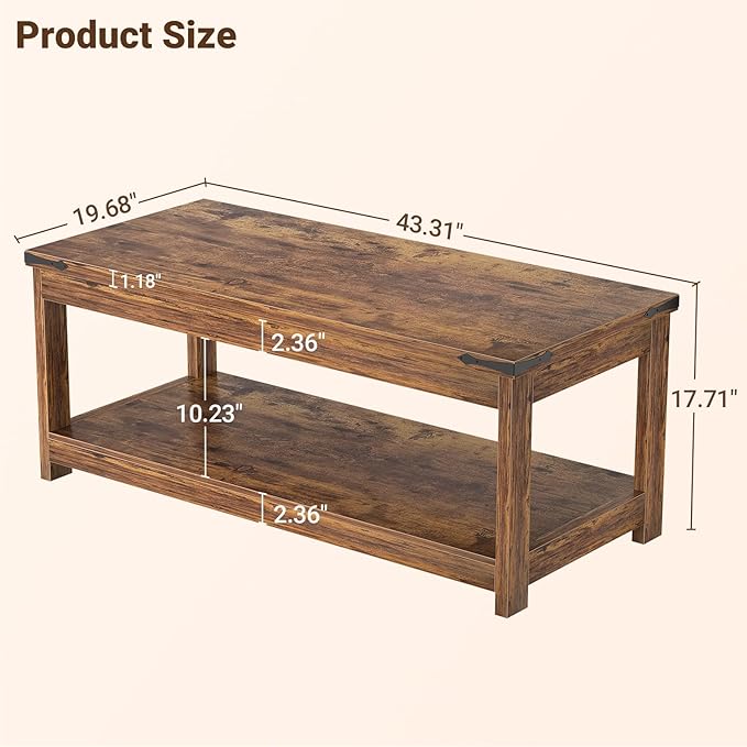 Homieasy Coffee Table with Storage Shelf, 43.3” Farmhouse Wood Coffee Tables for Living Room, Modern Center Tea Table, Rustic Brown