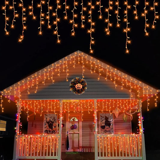 YEGUO 66ft 800 LED Orange Halloween Lights, Connetable Icicle Light Outdoor Waterproof, 8 Modes Christmas Lights Indoor Plug in for Thanksgiving House Patio Fall
