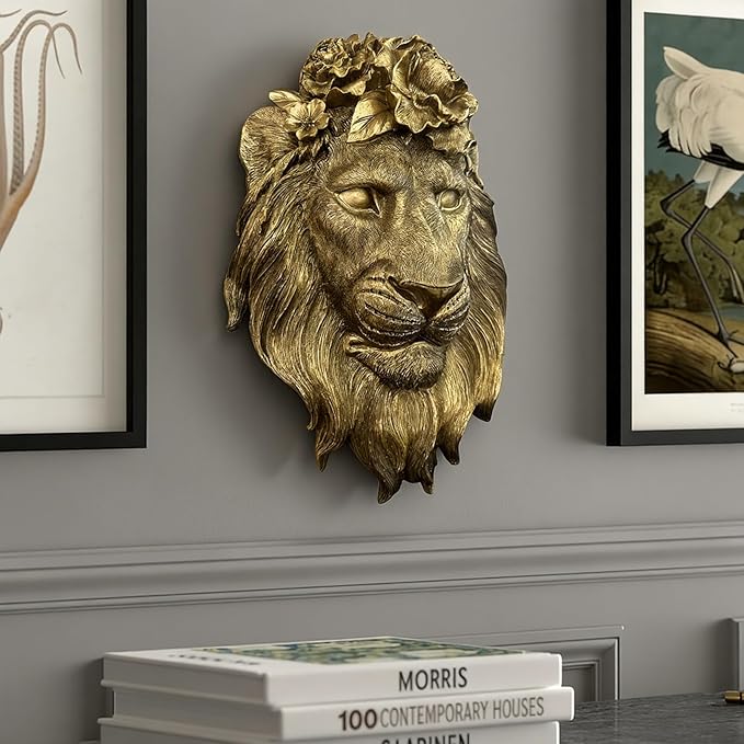 GUSFREUD Gold Lion Animal Head Wall Decor – Resin Lion Wall Sculpture, Vintage Gold Wall Art for Living Room, Bedroom, Office, Maximalist Home Decor