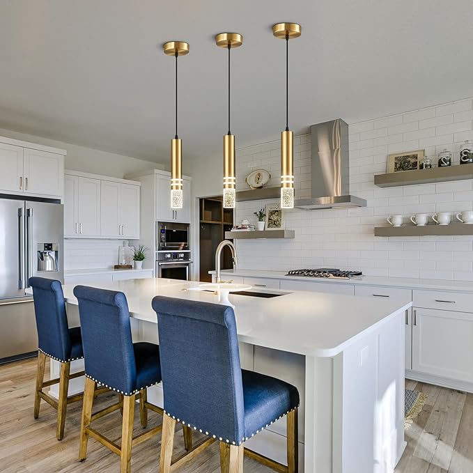 Pendant Lights Kitchen Island, Crystal Pendant Light Fixtures Mini 6W LED Modern Kitchen Pendant Lighting Over Sink and Living Room and Bedroom (Gold 3 Pack)