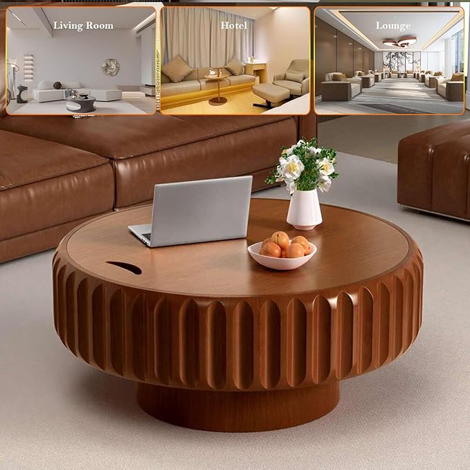31.5" Round Drum Coffee Table with Storage Retro Rustic Center Table - Solid Wood Handcrafted Relief Veneer for Farmhouse Apartment (A Round 31.5in)