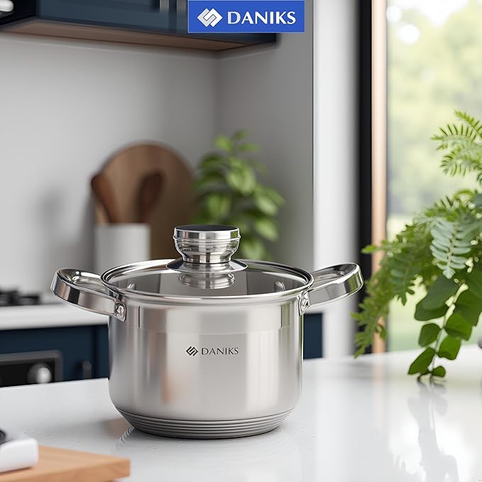Daniks Standard 2 Quart Stainless Steel Stock Pot with Glass Lid, Try-Ply Bottom for Even Heating, Induction Compatible, Dishwasher Safe, Built-In Measuring Scale, Silver
