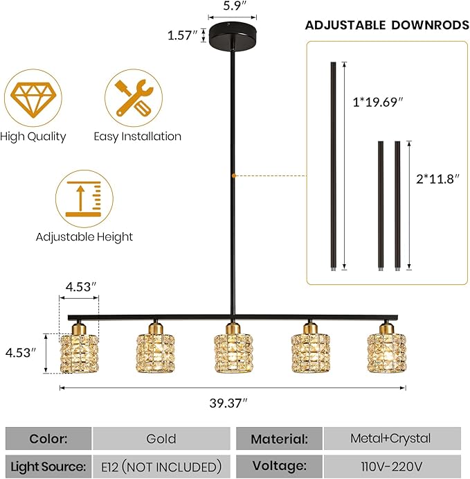 5-Light Linear Crystal Chandelier, Black and Gold Dining Room Light Fixtures Over Table, Adjustable Height Farmhouse Pendant Lights Kitchen Island for Dining Room