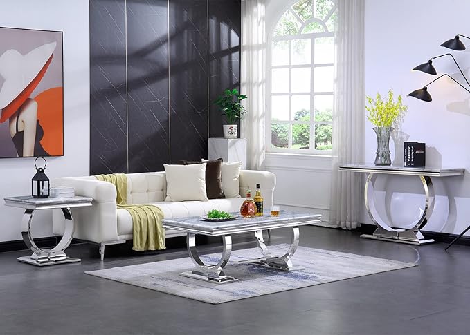 Asday Silver Coffee Table, Grey Rectangular Living Room Table with Silver Mirrored Metal U-Base, Sofa Coffee Table for Living Room, Guest Hall, Reception Room