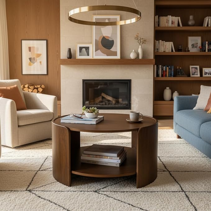 DUOMAY Wood Coffee Table, 31.5" Round Coffee Table with Storage Shelf Mid Century Modern Center Table for Living Room Apartment, Walnut Color