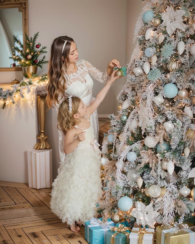 6.5FT Pre-lit Snow Flocked Christmas Tree Spruce with Remote Control, 400 Warm White Multi-Color Lights, Artificial Hinged/Feel Real/Realistic for Home, Holiday Decoration Dual Color LED