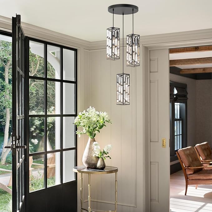 3-Light Black Pendant Lights Modern Pendant Light Fixture, Mini Crystal Pendant Ceiling Light, Pendant Light for Kitchen Island, Dinning Room, Bedroom, Kitchen Sink Lighting (3 Lights)