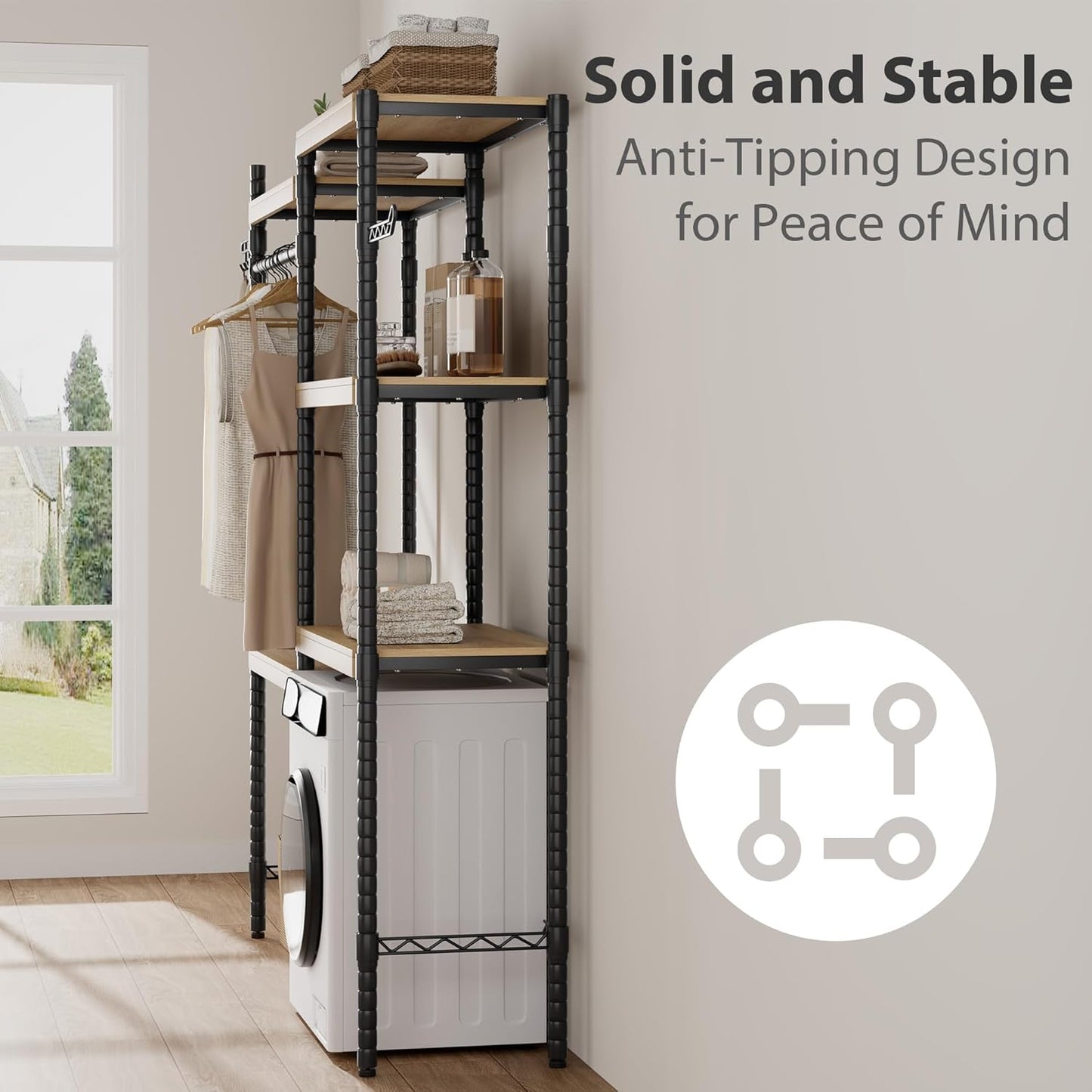 CABIHOME 5-Tier Over-The-Washer Shelf - Adjustable Height Laundry Organizer Space Saver, Double-Layer 100lb Shelves, 2 Hooks for Bathroom/Balcony (Natural& Black)