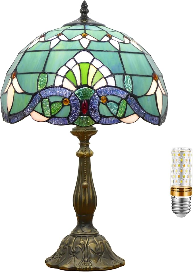 Tiffany Lamp Stained Glass Table Lamp Antique Bedside Reading Light W12H19 Inches (Baroque Style)