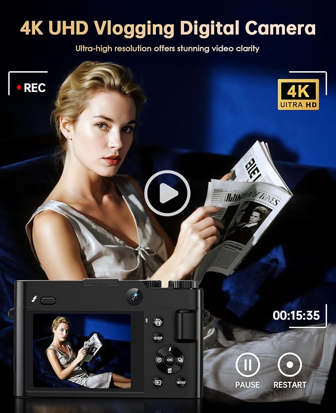 4K Digital Camera for Photography - 64MP Autofocus Vlogging Camera for YouTube with Dual-Lens - 16X Digital Zoom Anti Shake 3'' Selfie Compact Travel Camera with Flash, 2 Batteries, Charging Stand