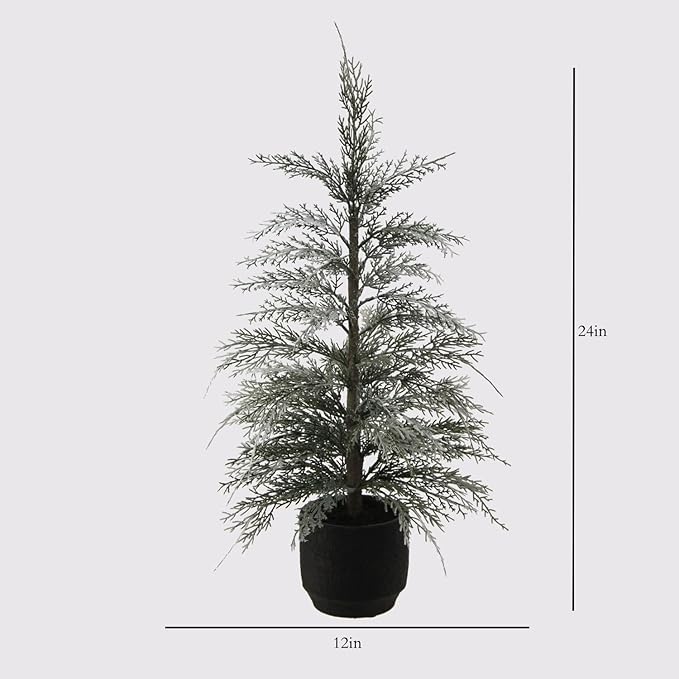 CG Hunter Holiday Collection, Set-of-2 Faux Flocked Cedar Trees, Premium Artificial Indoor & Outdoor Cedar Tree Stands 24" Tall in Pot–Perfect Christmas Decoration
