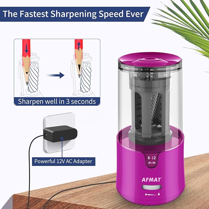 AFMAT Electric Pencil Sharpener for Colored Pencils, Auto Stop, Fast Sharpen in 3s, Large Hole Pencil Sharpener Plug in for 6-12mm No.2/Jumbo Pencils PS91