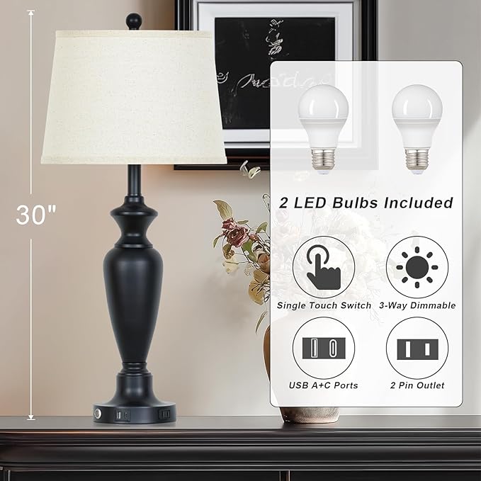 30" Tall Black Table Lamp, 3-Way Dimmable Touch Control Bedside Lamp with USB A+C & AC Outlet for Bedroom, Living Room (1 Pack)