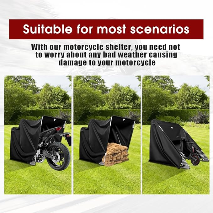 Heavy Duty Motorcycle Shelter Storage Sheds Motorcycle Garage, 136"x54" x75" Motorcycle Cover Waterproof Outdoor Motorcycle Tent with Lock
