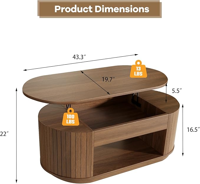 Lift Top Coffee Table, Oval Fluted Coffee Table with Storage for Living Room, Mid Century Modern Wooden Center Tables with 2 Tier Shelf, 43 Inch Tea Table Hidden Compartment for Home Office, Walnut