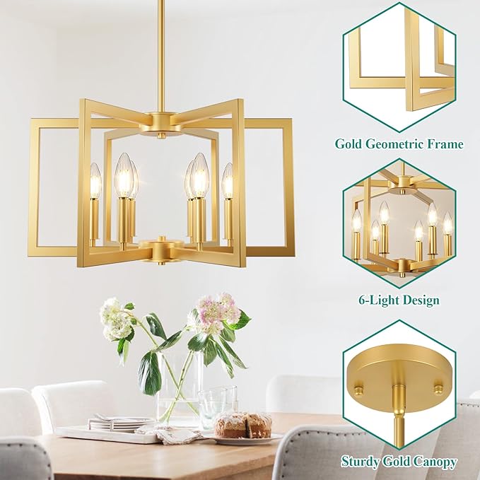 6-Light Gold Chandelier, Farmhouse Dining Room Light Fixture, 21.3in Modern Chandelier, Geometric Industrial Metal Hang Lighting Fixture for Foyer Entryway Kitchen Over Table Hallway Living Room