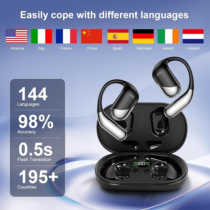 Translation Earbuds Real Time - AI 144 Language Translator Earbuds, Audifonos Traductores Inglés Español, 3-in-1 Translating Device, Translate Ear Buds for Travel Business Learning with Charging Case