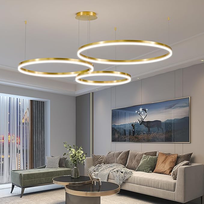 Gold LED Modern Chandelier, 3-Ring Pendant Light Fixture, Dimmable 3000K-6500K, Adjustable Hanging Ceiling Light Over Table for Dining Room, Kitchen Island, Living Room, Bedroom, Entryway