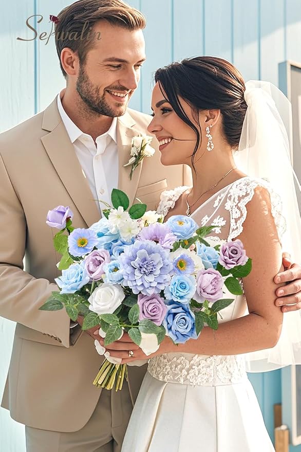 Serwalin Artificial Blue & Purple Flowers, Silk Fake Flowers for DIY Wedding Bouquets Cake Flowers, Table Centerpieces Baby Shower Birthday Party Home Decorations