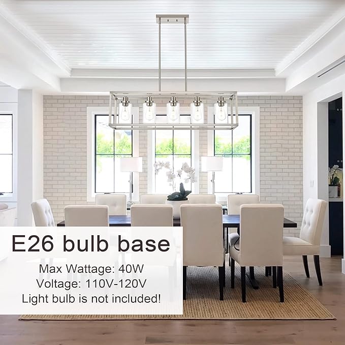 MELUCEE 5-Light Dining Room Lighting Fixture Hanging Brushed Nickel Modern Pendant Lighting Contemporary Chandeliers with Clear Glass Shade for Kitchen Island Living Room Bedroom
