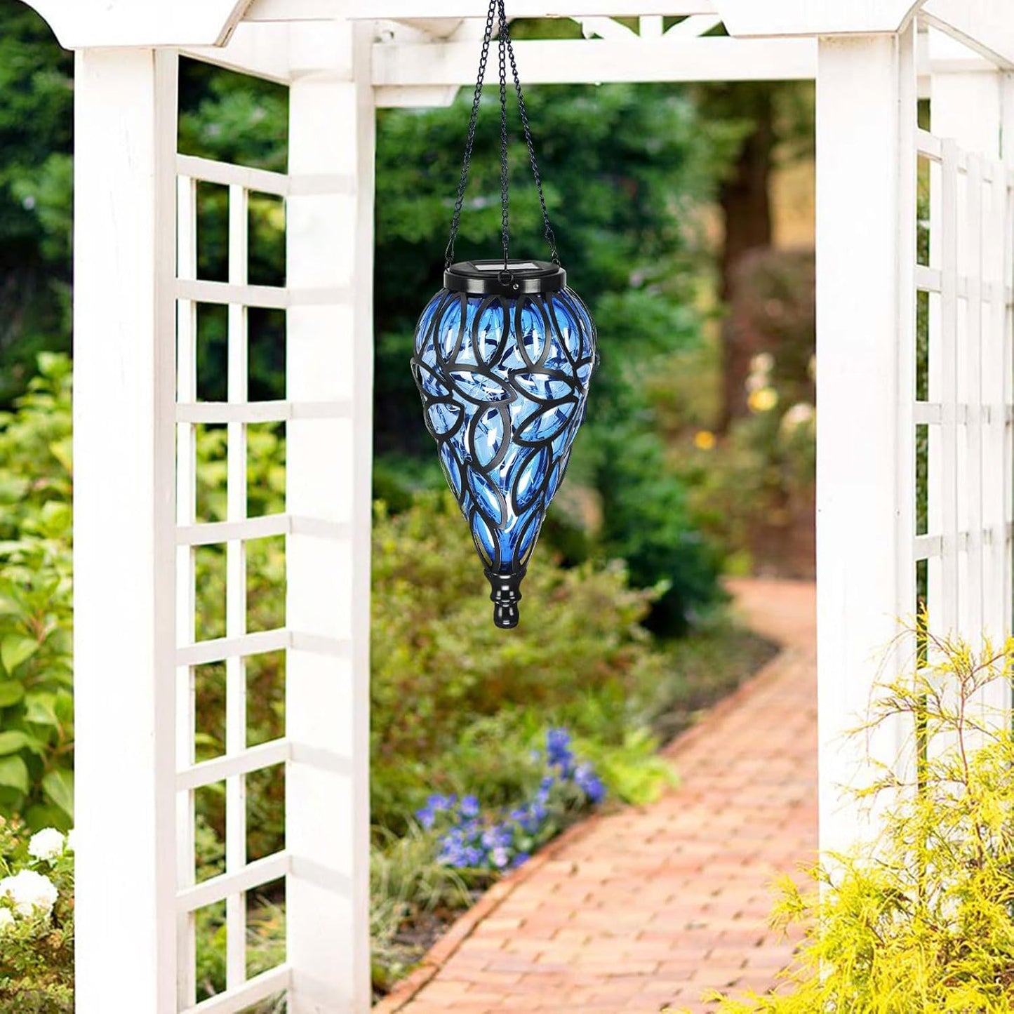 SUNNYPARK Outdoor Plastic Solar Hanging Lantern, 15 Cool White LEDs Twinkle Effect Tear-Shaped Hanging Lantern Decor Garden Decorative Solar Lights for Backyard, Patio and Lawn