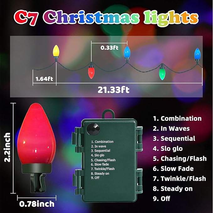 C7 60 LED Battery Operated Christmas Lights,Battery Powered Multicolor Waterproof Bulbs,21.3 FT 8 Modes with Auto On/Off Time for Xmas Tree Garden Patio Indoor Outdoor Christmas Decorations