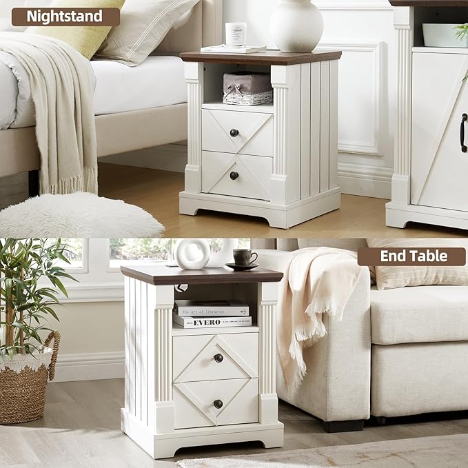 Nightstand with Charging Station, Rustic 18 Inch Farmhouse End Table with Barn Door, Wood Sofa Side Table with 2 Storage Drawers for Living Room, Bedroom, Entryway(Antique White)