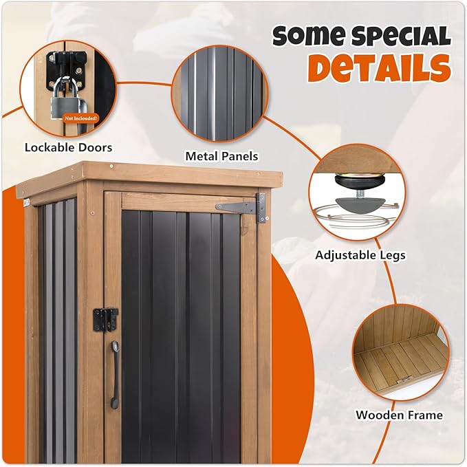 Small Outdoor Storage Cabinet, Wood & Metal Storage Shed with Weatherproof Roof, Removable Shelf, Lockable Door, 2 Metal Hinges, Adjustable Feet, Outside Storage Cabinet
