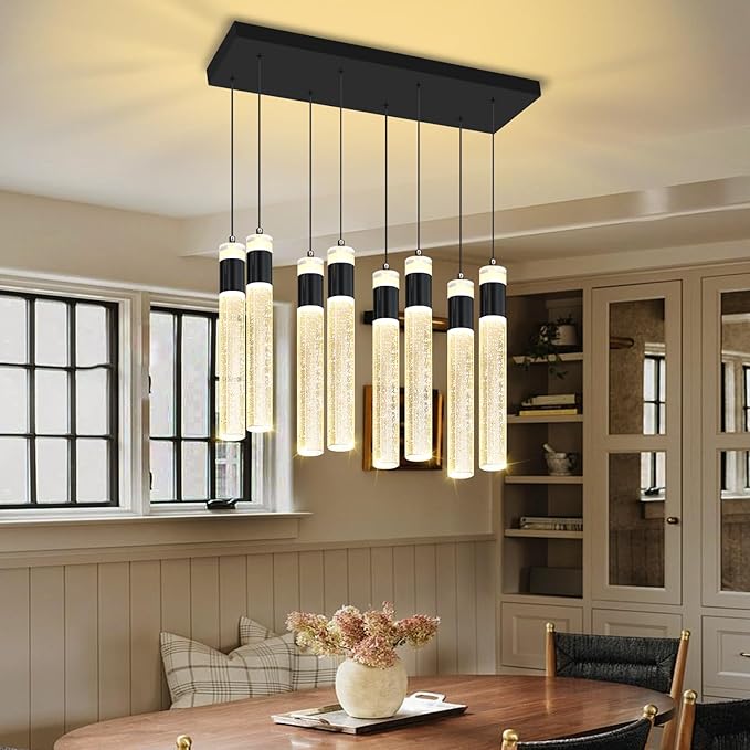 8-Lights Black Hanging Pendant Light for Kitchen Island Modern Dimmable LED Crystal Chandeliers for Dining Room Bedroom Living Room Over Table Adjustable Height