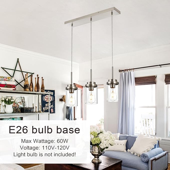 MELUCEE Kitchen Pendant Lighting Over Island 3 Lights Linear Chandelier Brushed Nickel Finish Dining Room Light Fixtures Ceiling Hanging Lamp with Clear Glass Shade, 20.5 Inches Length