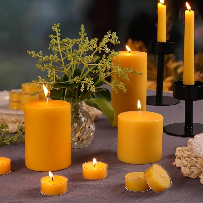 Pure Beeswax Candles Set, 3pcs Pillar|6pcs Taper|24pcs Tealight Candles-345 Hour Long Burning, 100% Natural Organic Beeswax Candles Gift Set for Women, Dripless Smokeless Candle Bulk for Home