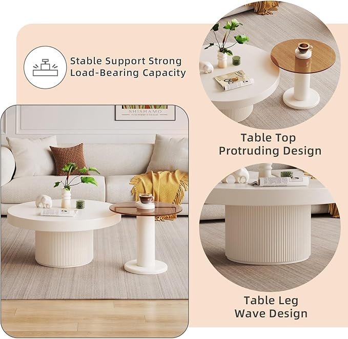 Nesting Coffee Table Set of 2, Round Shape Center & Small Tempered Glass Top Accent Side Table, Modern Home Decor Table Set for Living Room, Bedroom, Office