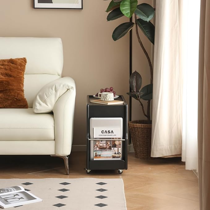 Solid Wood Side Table with Wheels, Narrow Side Table with Storage, Rolling Bedside Table for Bedroom Living Room Dining Room(Black, 27.95" D x 11.42" W x 19.88" H)