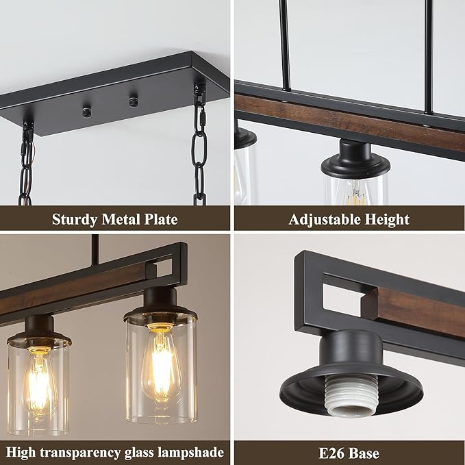 Farmhouse Dining Room Light Fixture, 3-Light Wood Kitchen Island Lighting for Dining Room Over Table, Black Adjustable Pendant Light with Clear Glass Shades, Linear Chandeliers Lighting for Kitchen